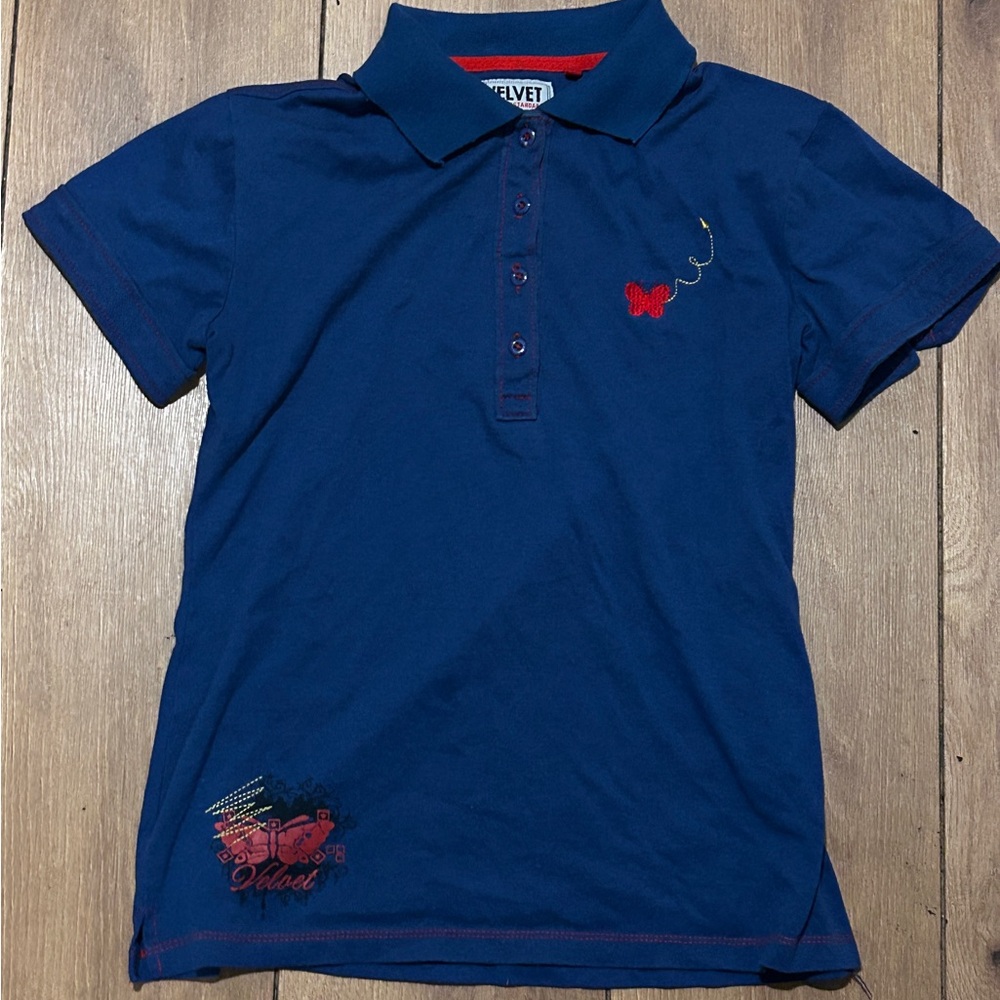 Velvet Kids Blue Polo with Red Embroidery